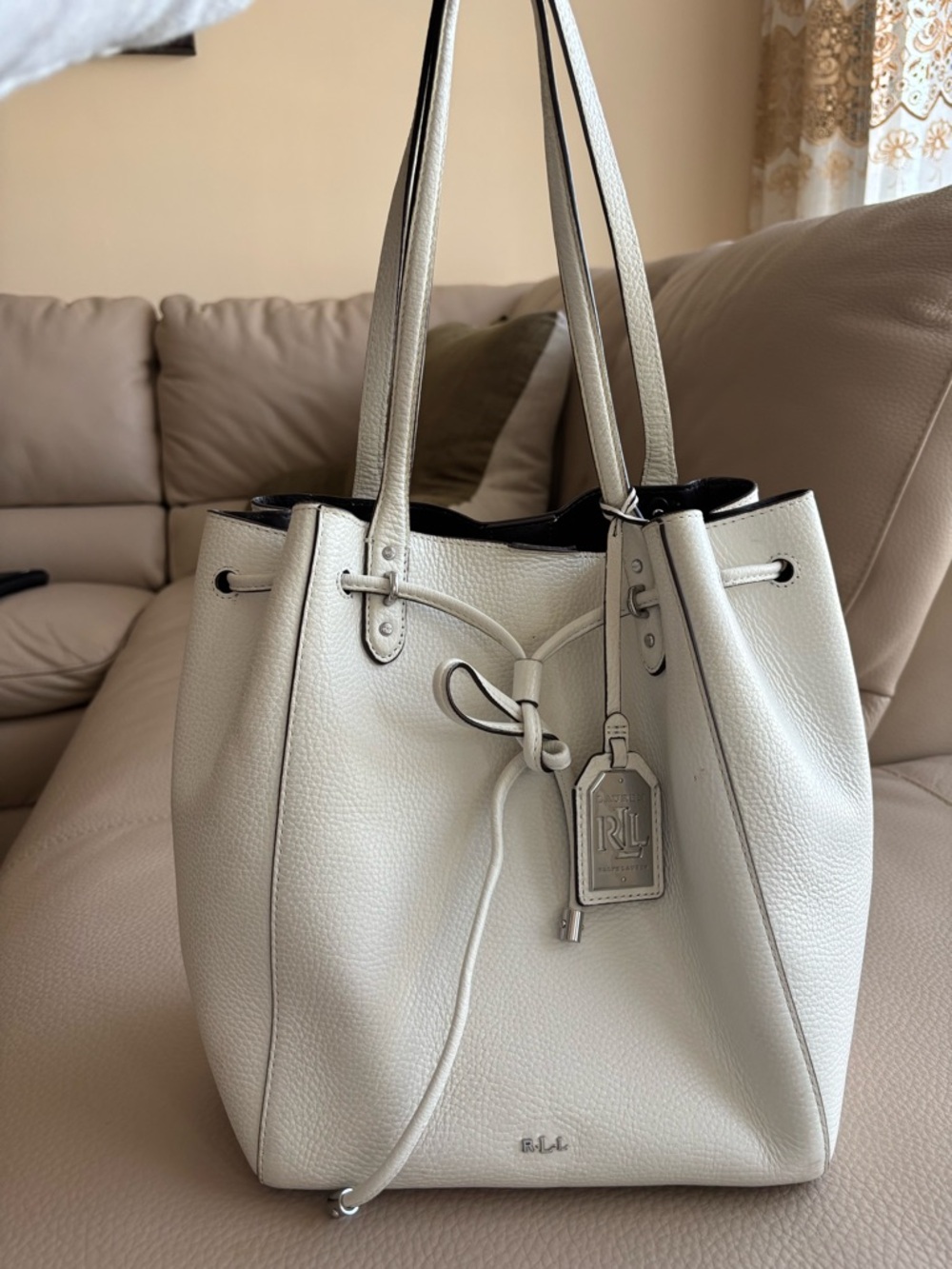 Ralph Lauren Cream Pebbled Leather Drawstring Tote